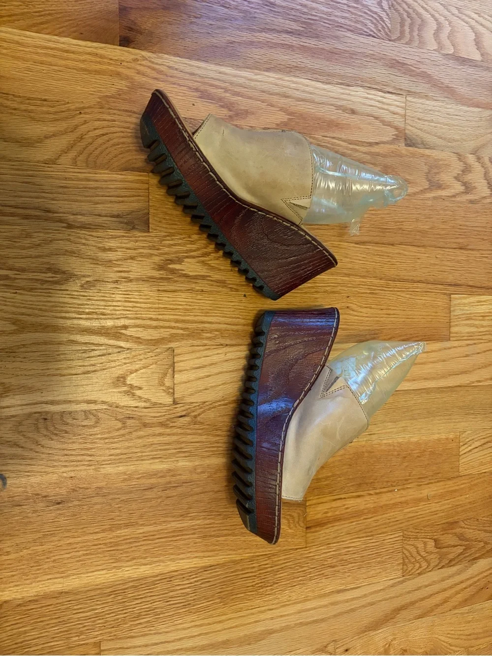 boc Tan Leather Wedge Slide Sandals